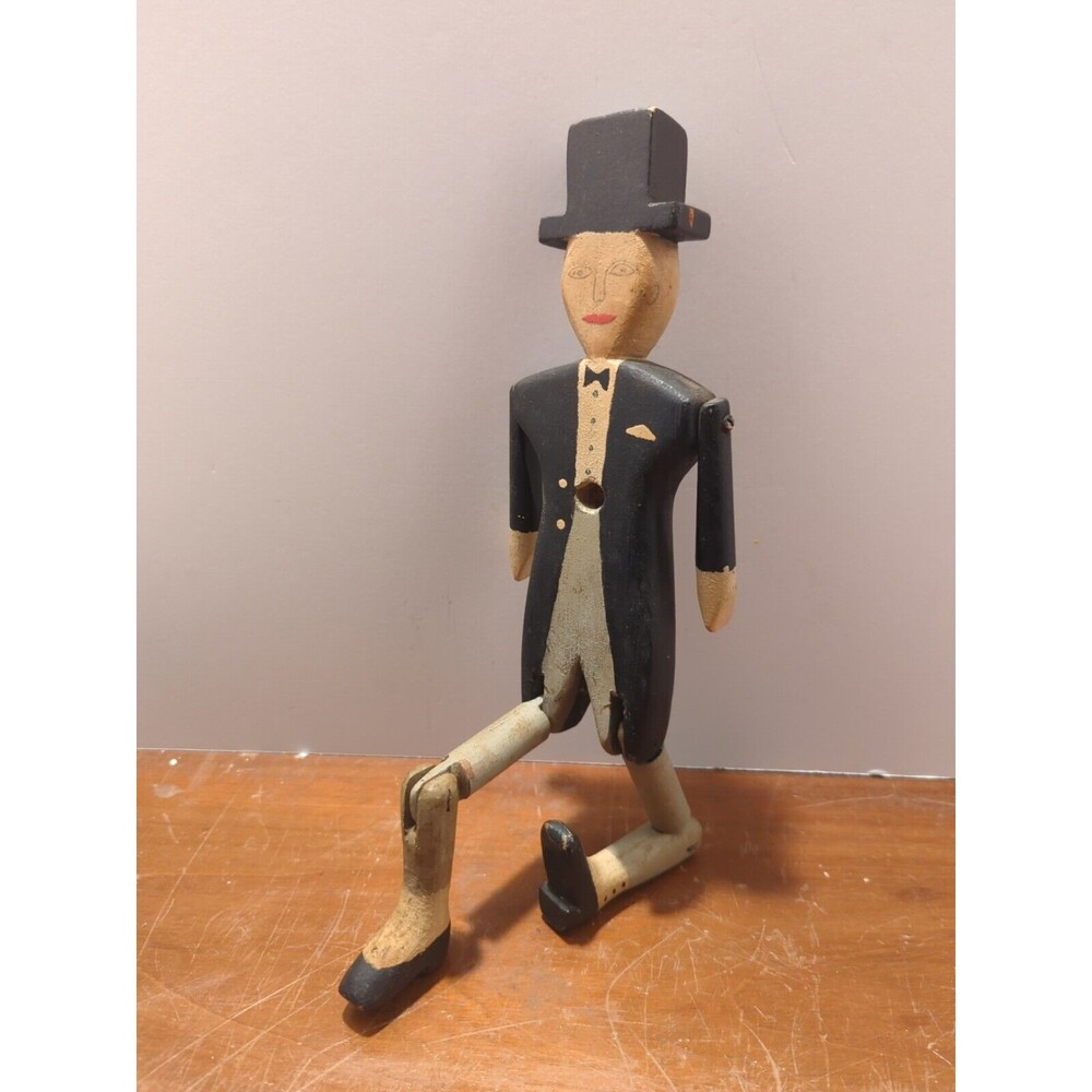 19th Century Folk Art Carved Wood Dancing Dan Articulated Jig Doll Hand Painted